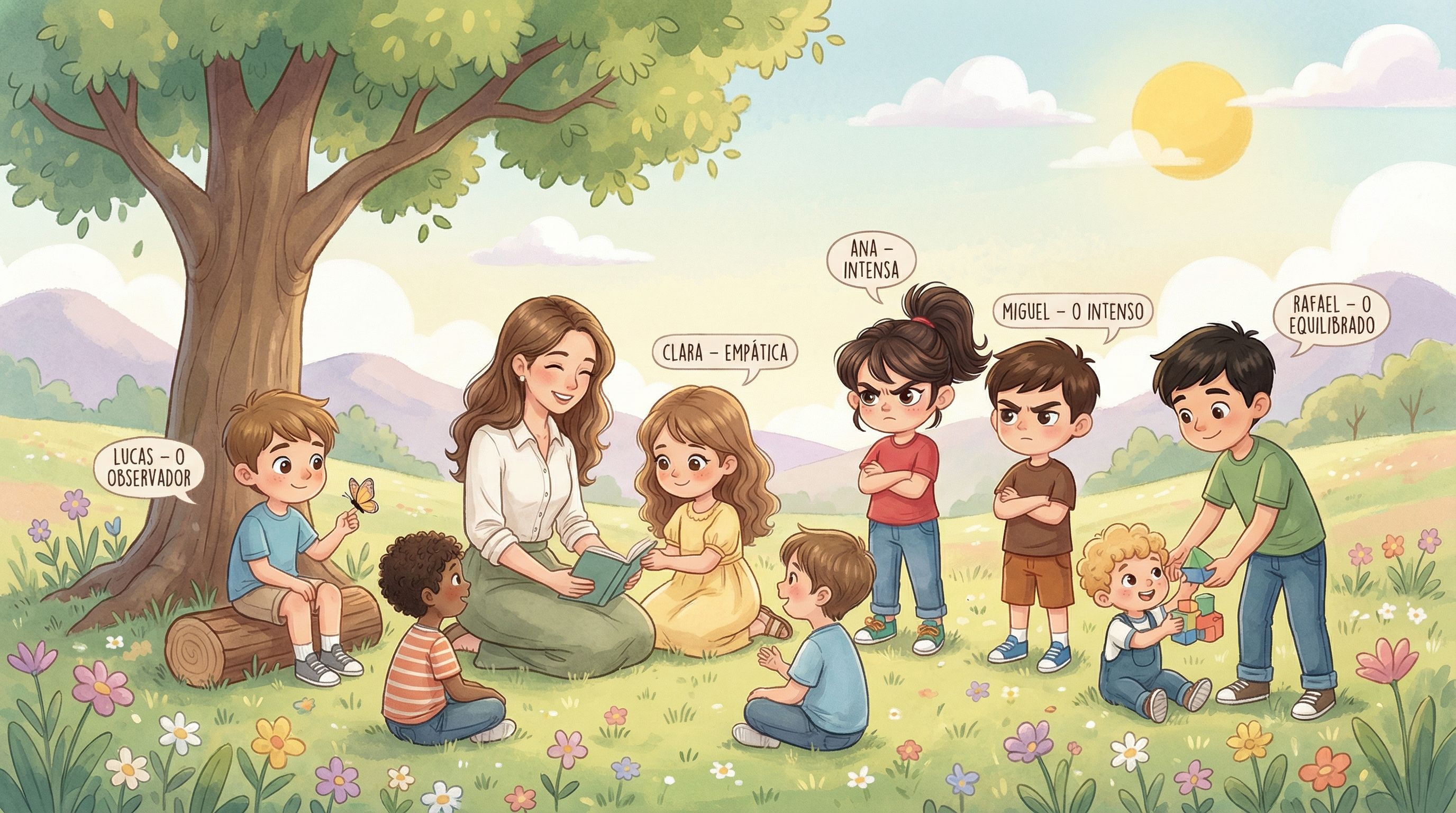 Todos os personagens juntos - Lucas, Clara, Ana, Miguel, Rafael e Professora Sofia